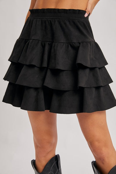 Faux Suede Ruffle Paperbag Skirt (black)