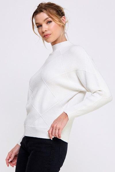 Mock Neck Diamond Pattern Sweater - Vanilla
