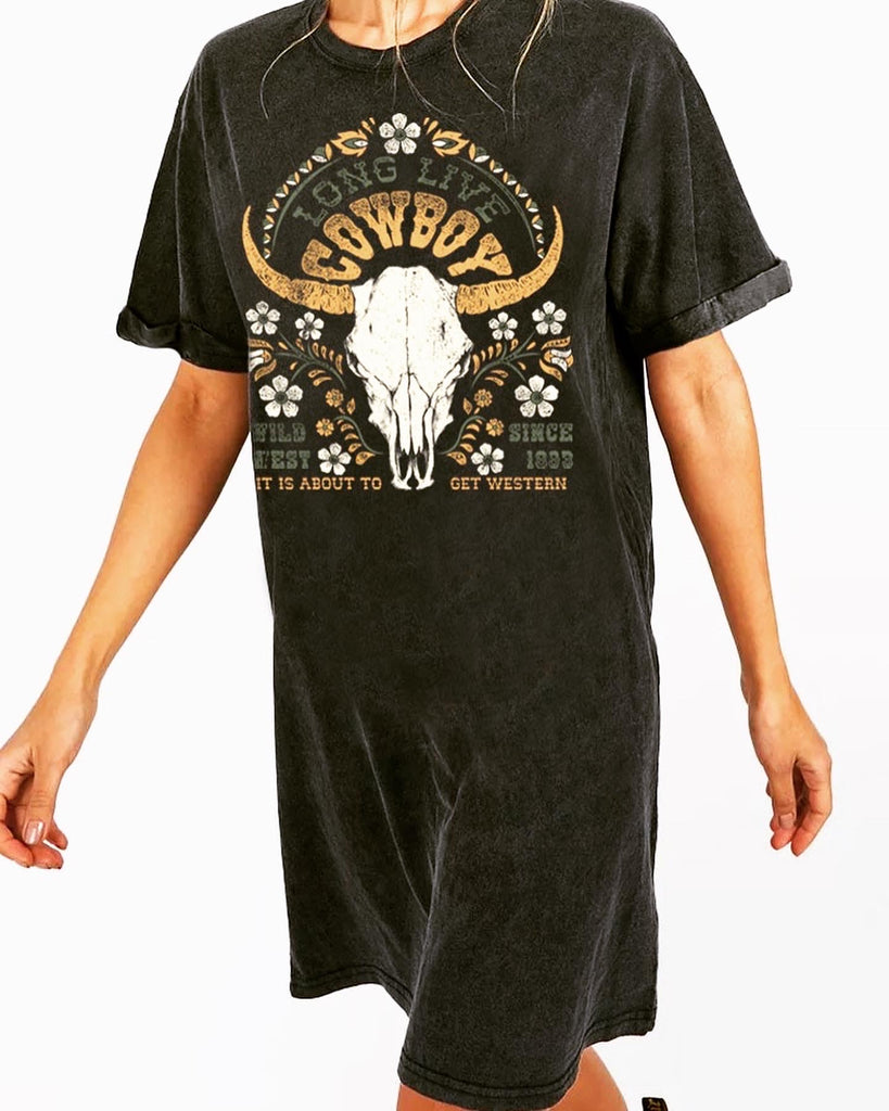 Southwest Cow Skull & Flowers T-Shirt Dress