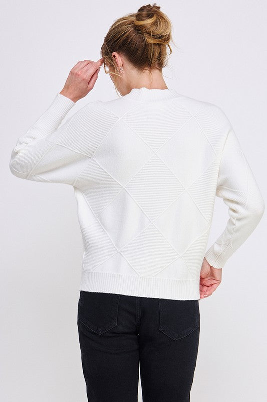 Mock Neck Diamond Pattern Sweater - Vanilla