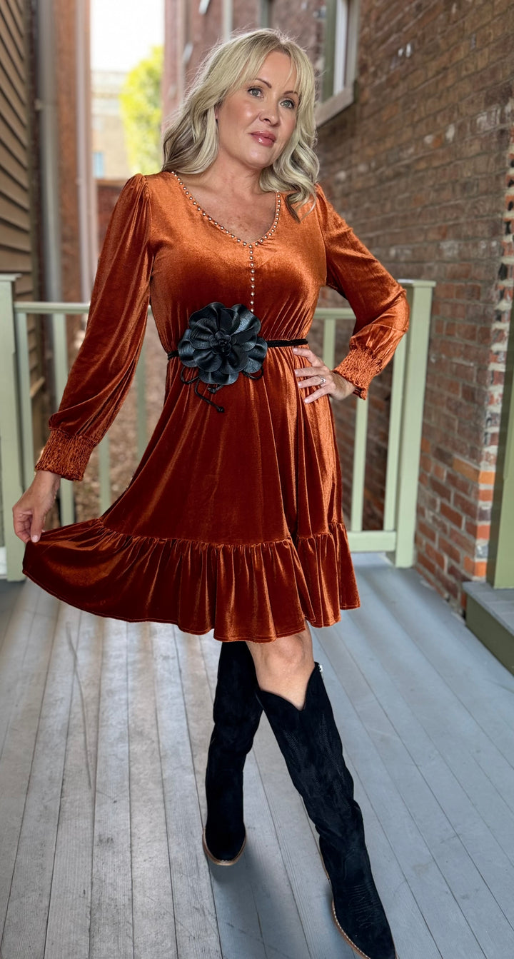 Rust Velvet Vintage Ruffle Hem Studded Dress