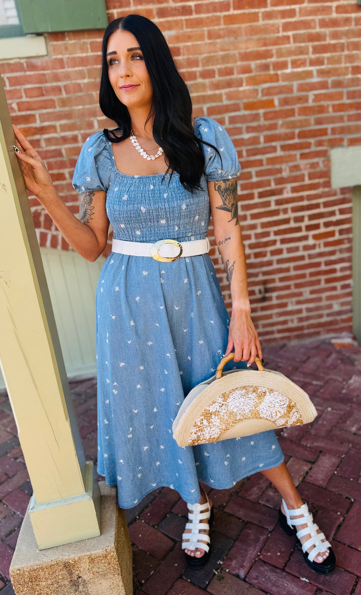 Chambray Denim Smocked Midi Dress