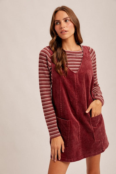 Corduroy Pinafore Overall Dress- Raspberry