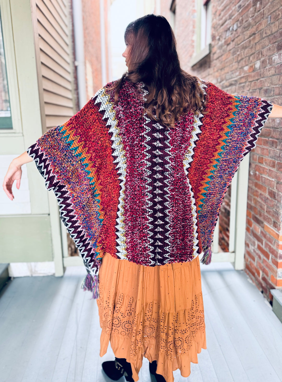 Maroon Crochet Ruana Tassel Cardigan
