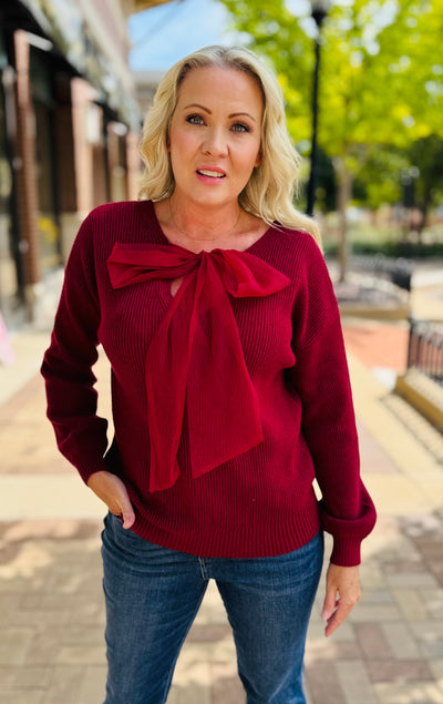 Playful Back Bow Sweater - Deep Red