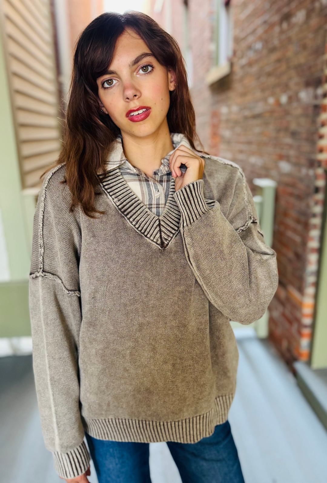 Washed Deep V-Neck Oversized Sweater (3 colors)