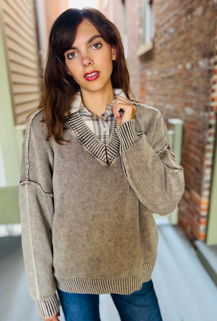 Washed Deep V-Neck Oversized Sweater (3 colors)