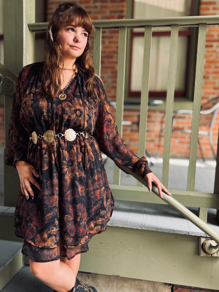 Black Pressed Floral Midi Dress