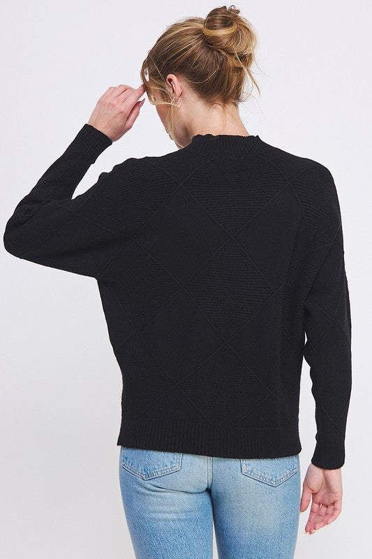 Mock Neck Diamond Pattern Sweater - Black