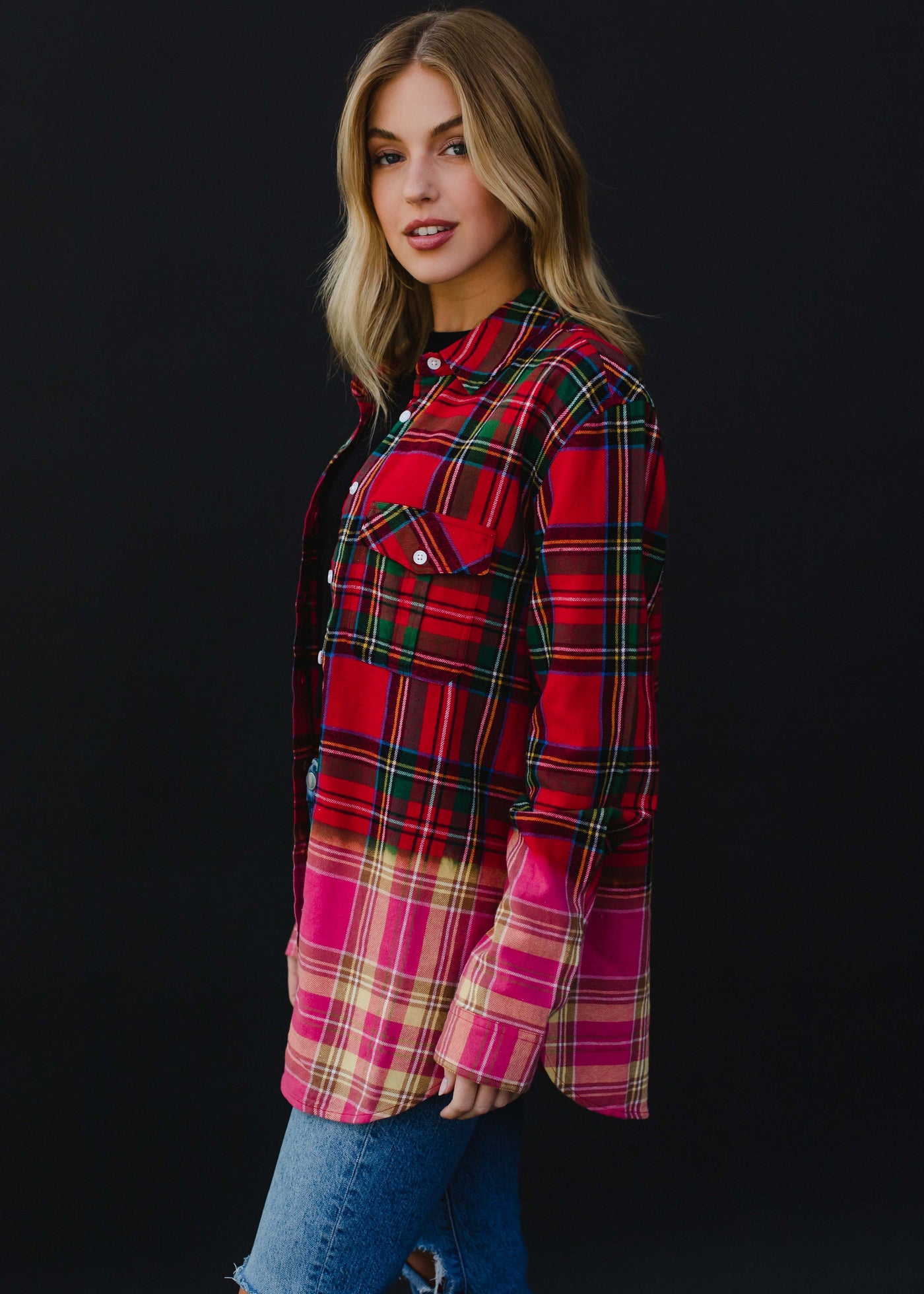 Red Plaid Ombre Bleached Flannel
