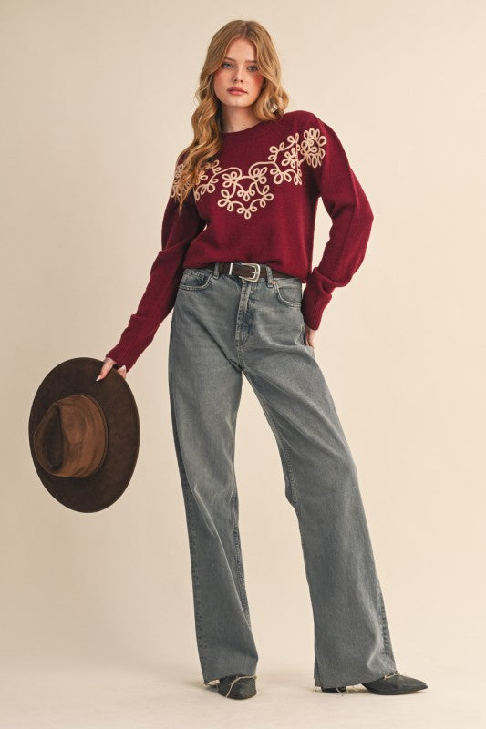 Bloom & Cozy Sweater- Burgundy/Cream
