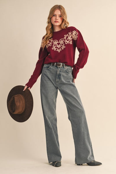 Bloom & Cozy Sweater- Burgundy/Cream