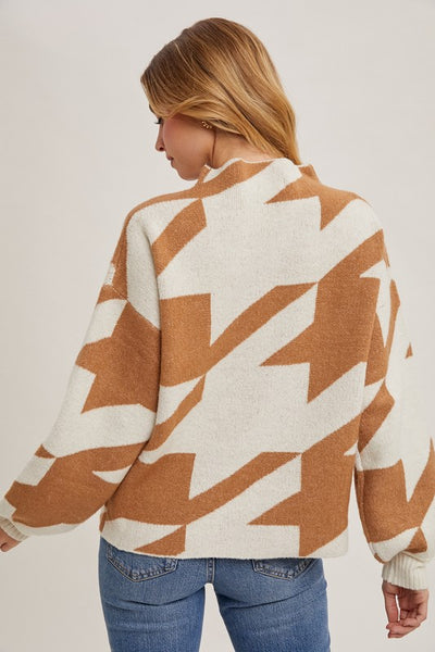 Cozy Mock Neck Houndstooth Sweater- Camel