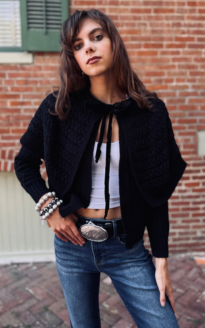 Cable Knit Capelet Velvet Cardigan