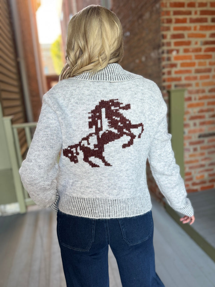 Western Horse Jacquard Zip Up Cardigan