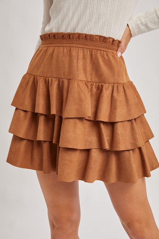Faux Suede Ruffle Paperbag Skirt -camel