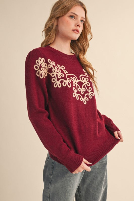 Bloom & Cozy Sweater- Burgundy/Cream