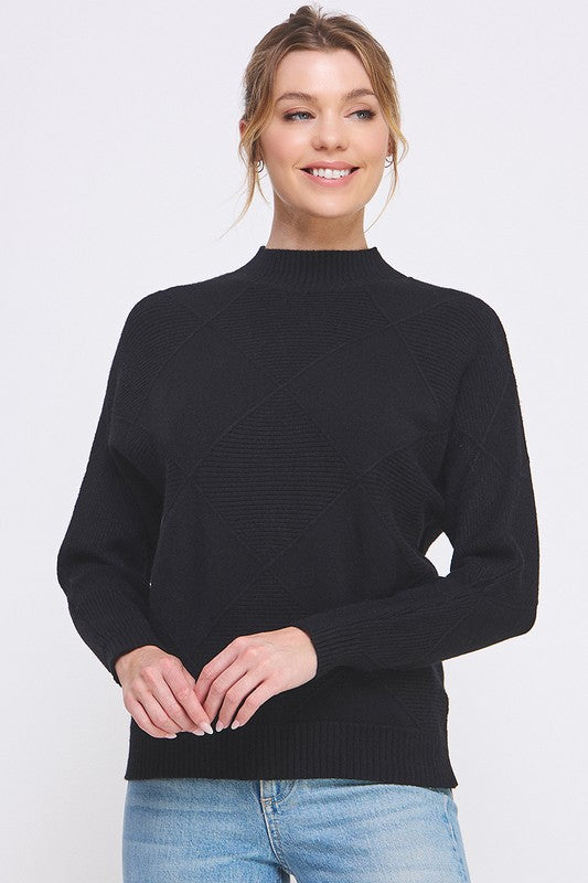 Mock Neck Diamond Pattern Sweater - Black