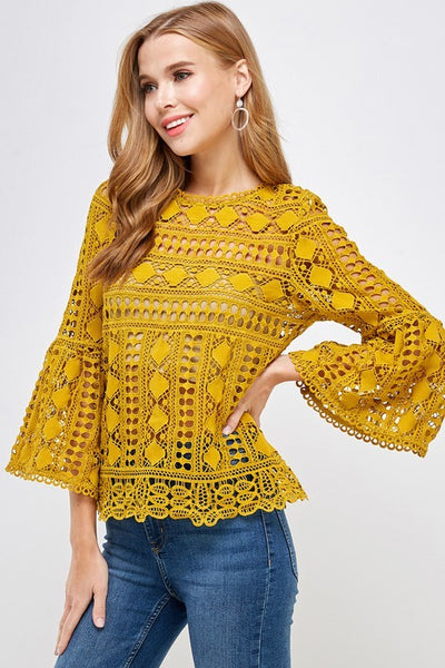 Mustard Lace Bell Sleeve Top