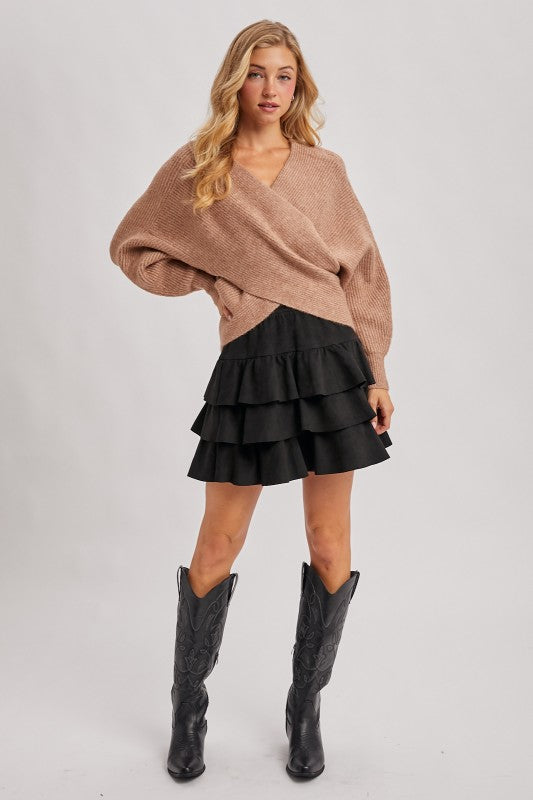 Faux Suede Ruffle Paperbag Skirt (black)