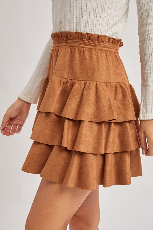 Faux Suede Ruffle Paperbag Skirt -camel