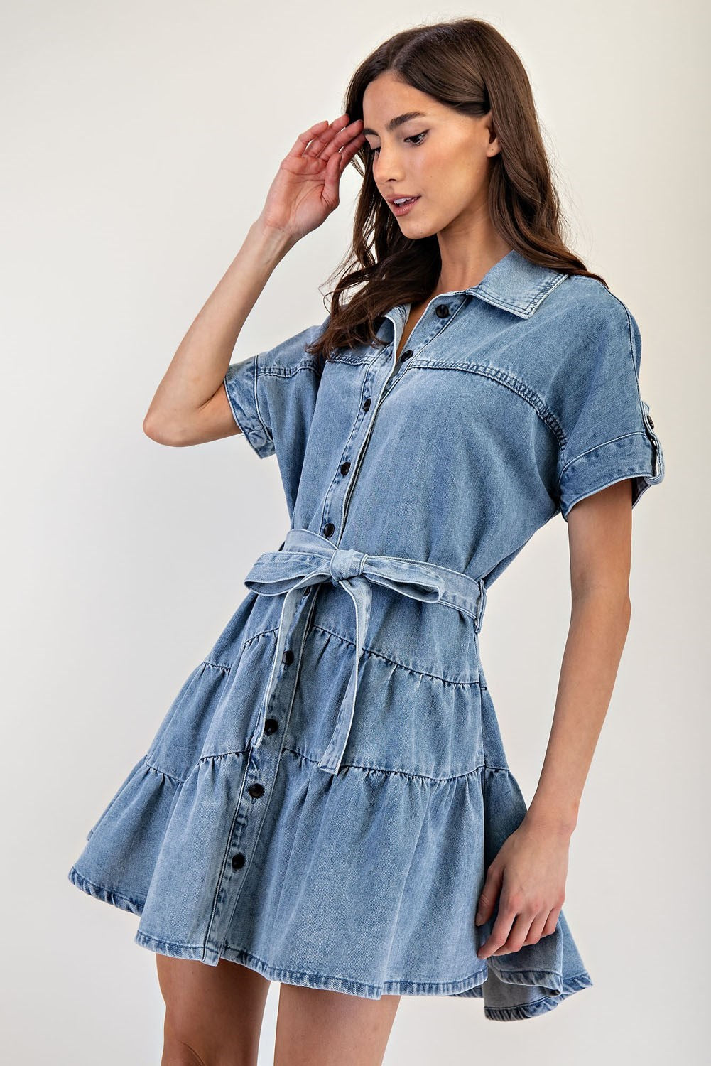 Denim Ruffle Tiered Mini Dress