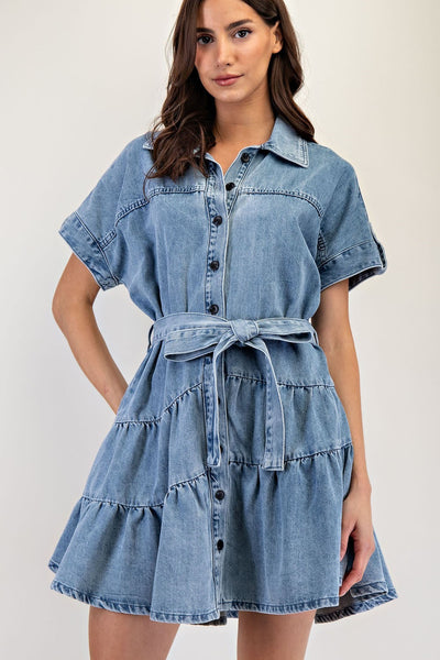 Denim Ruffle Tiered Mini Dress