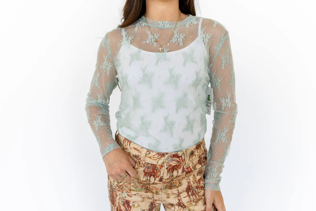 Sage Lace Sheer Top