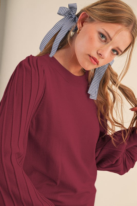 Classic Stripe Sleeve Sweater- Wine