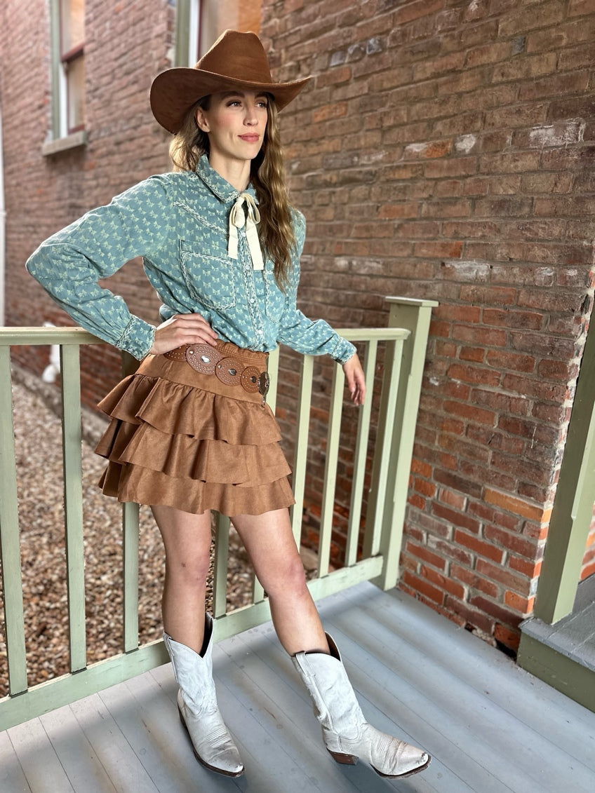 Faux Suede Ruffle Paperbag Skirt -camel