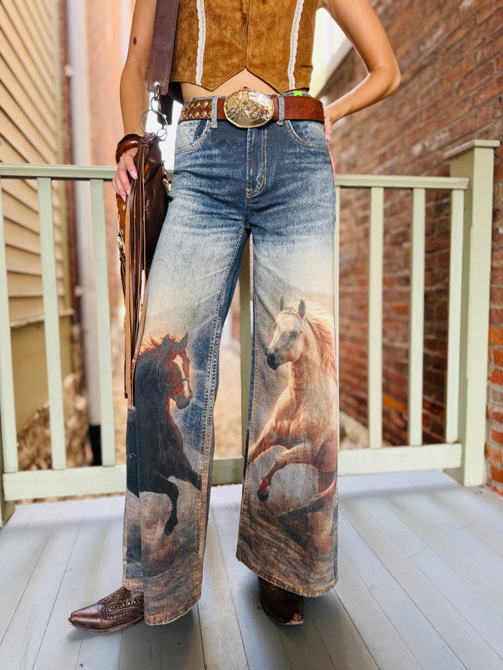 White Horse Wide Leg Digital Print Jeans