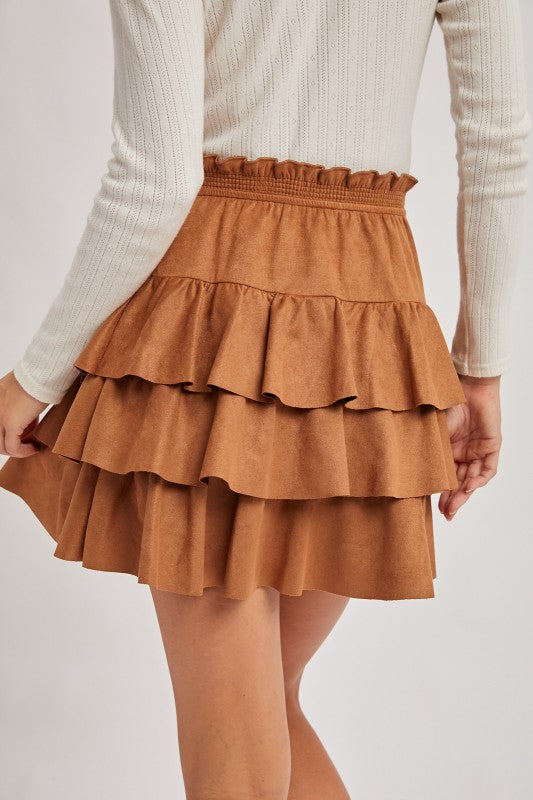 Faux Suede Ruffle Paperbag Skirt -camel