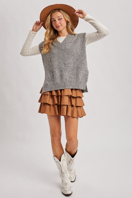 Faux Suede Ruffle Paperbag Skirt -camel