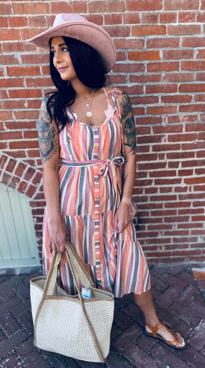 Tropical Orange Tie Midi Dress