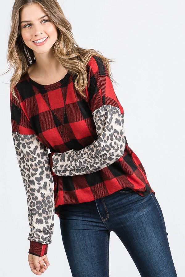 Buffalo Plaid & Leopard Sleeve Top
