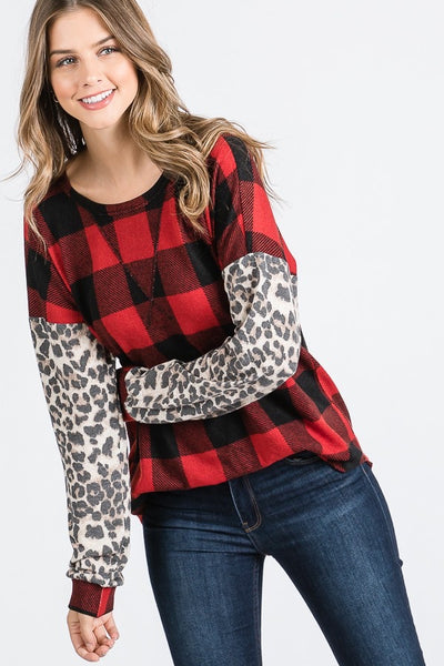Buffalo Plaid & Leopard Sleeve Top