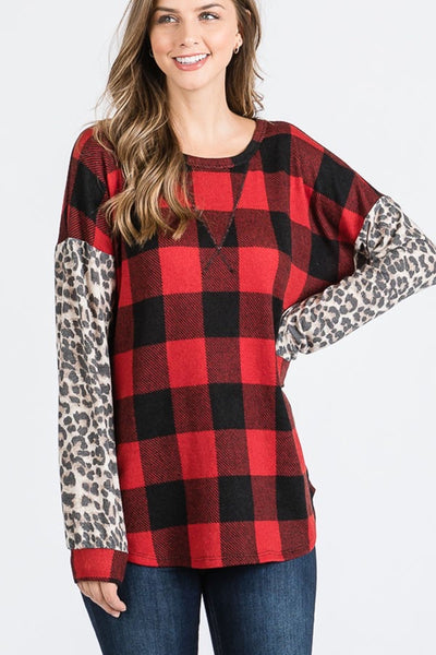 Buffalo Plaid & Leopard Sleeve Top