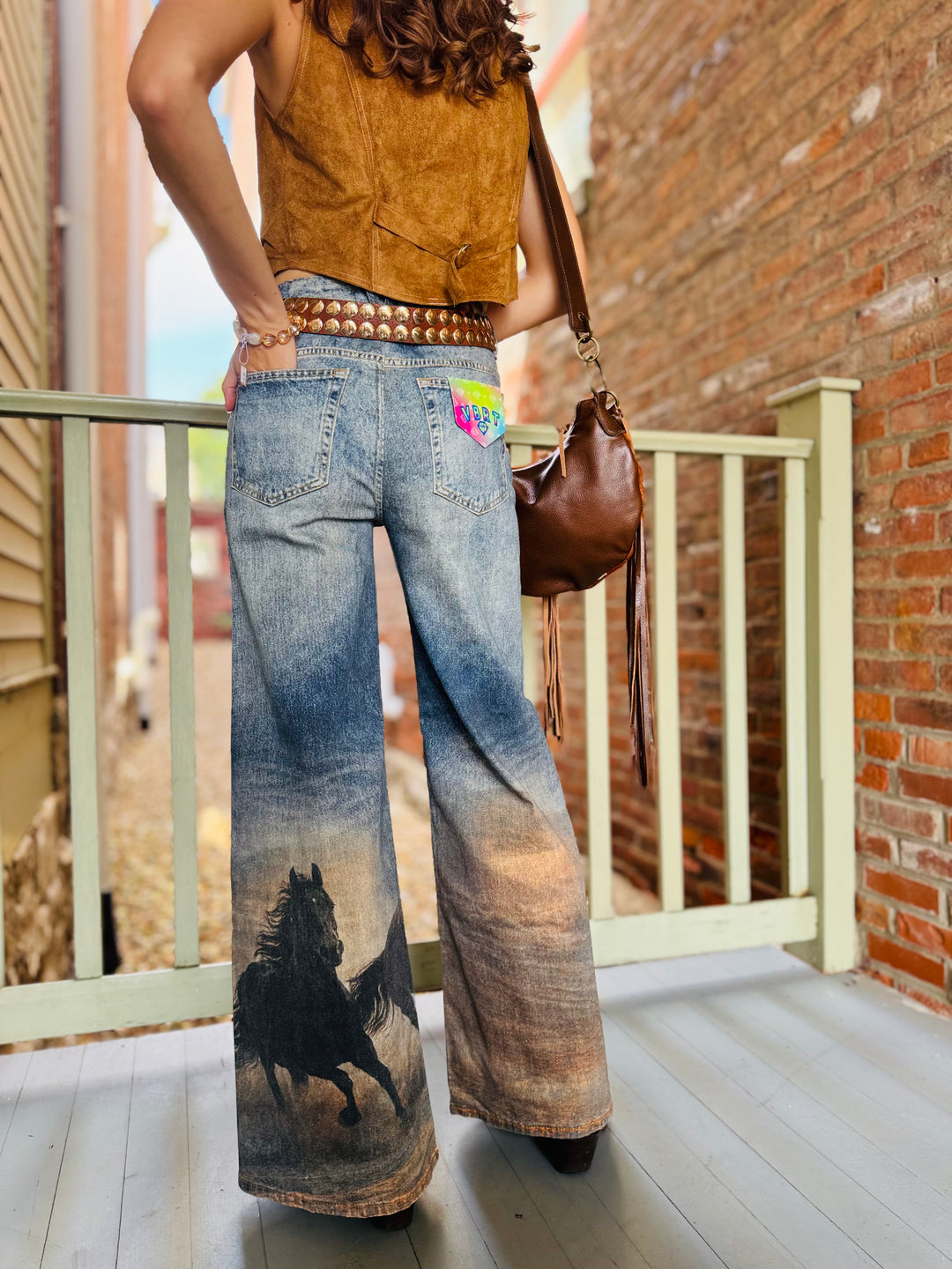 White Horse Wide Leg Digital Print Jeans