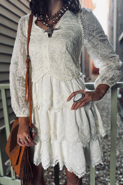 Tiered Scallop Embroidered Mini Dress-Ivory