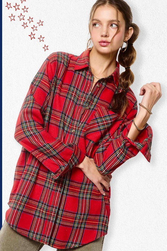 Red Ribbon Tartan Plaid Button Down Top