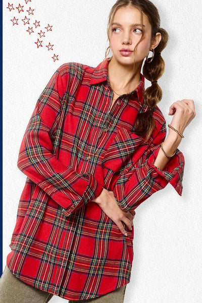 Red Ribbon Tartan Plaid Button Down Top