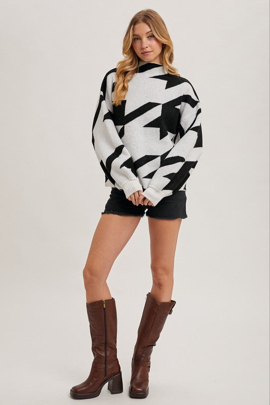 Cozy Mock Neck Houndstooth Sweater- Black Combo