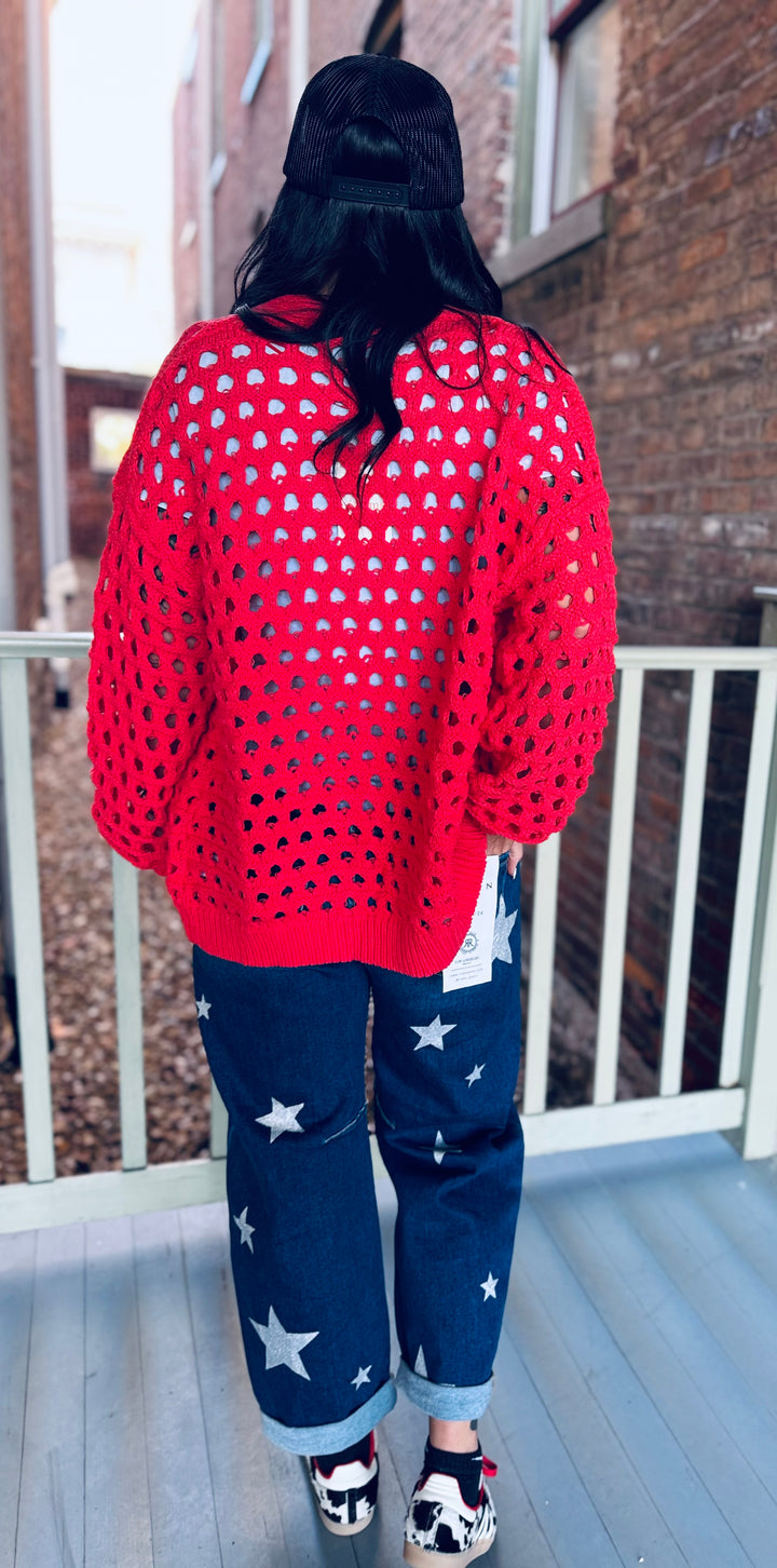 Open Knit Bubble Sleeve Cardigan