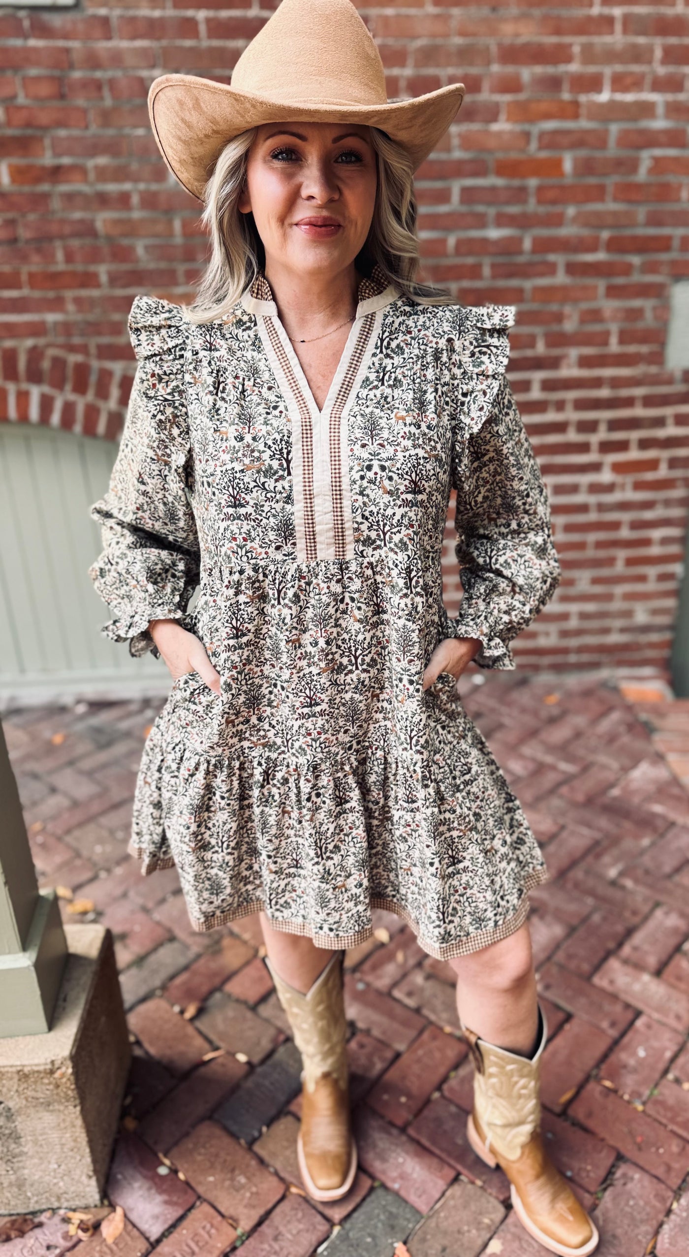 Whimsical Forest Vintage Print Tiered Dress