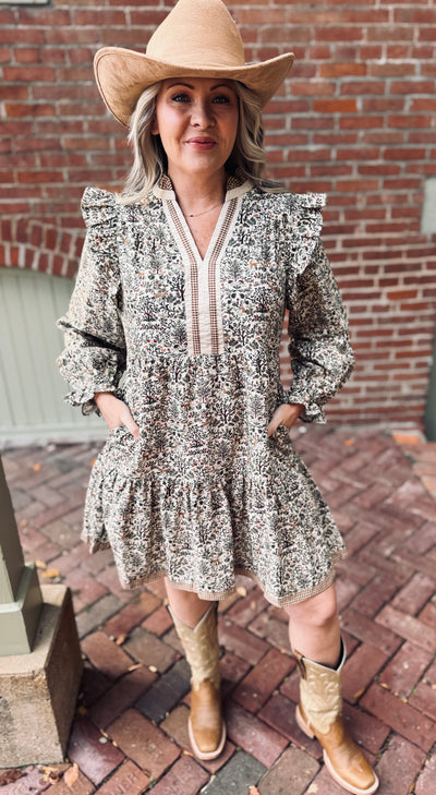 Whimsical Forest Vintage Print Tiered Dress