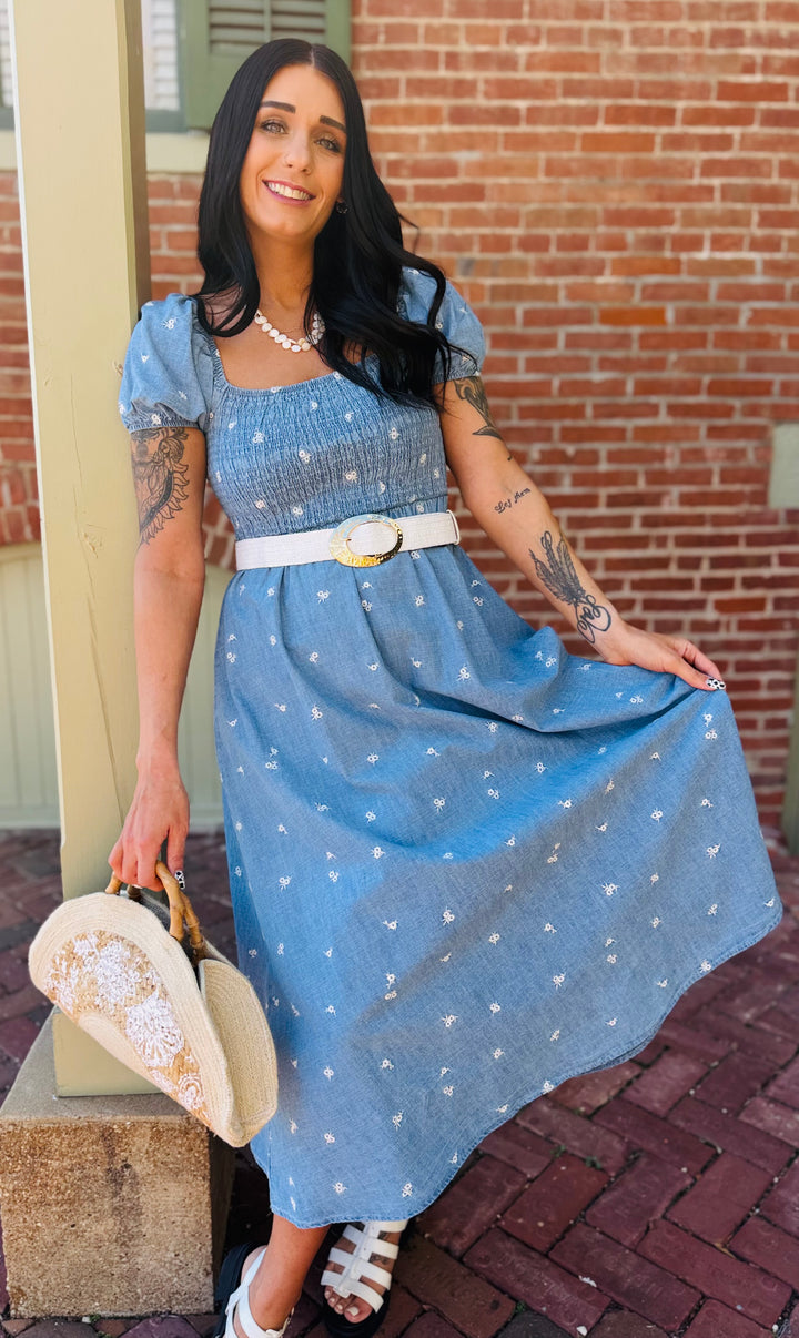 Chambray Denim Smocked Midi Dress