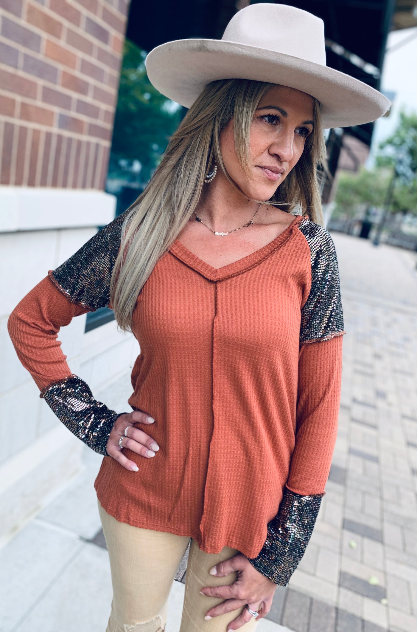 Sequin Spangled Knit Top - Rust