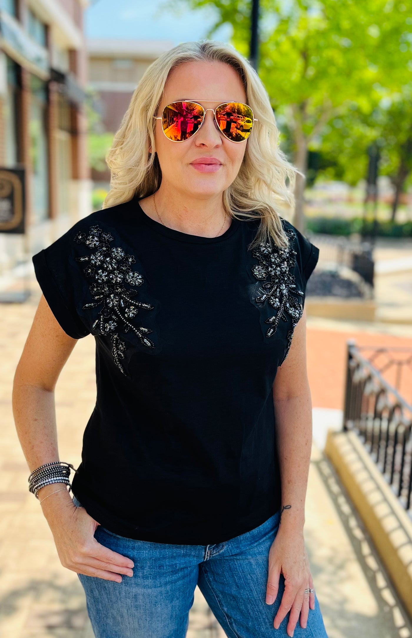 Rhinestone Detail Cotton Top (2 colors)