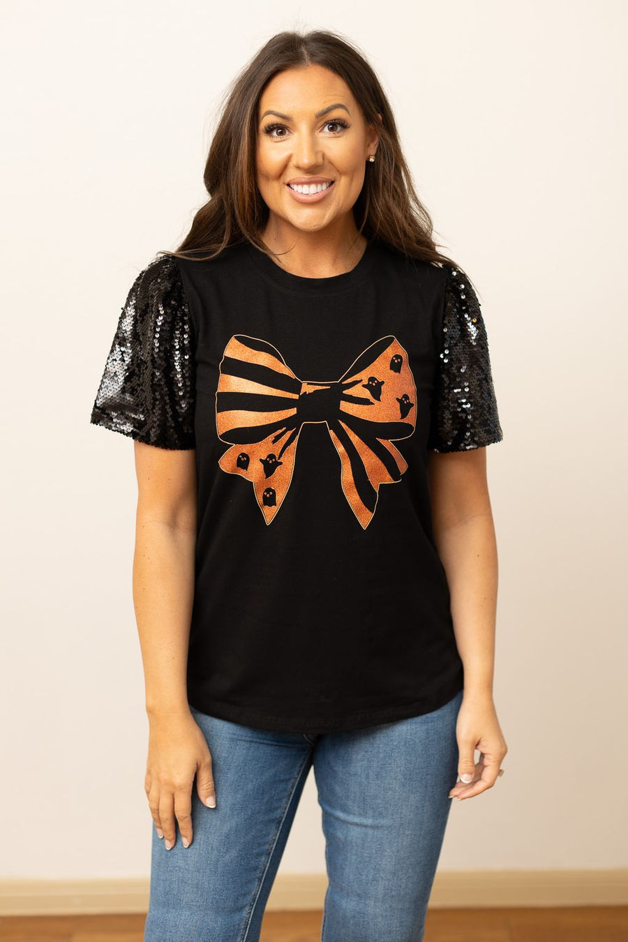 Halloween Bow Sequins Puff Sleeve Top