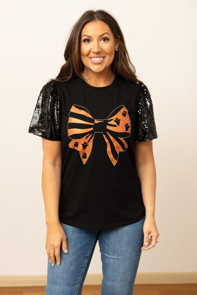 Halloween Bow Sequins Puff Sleeve Top